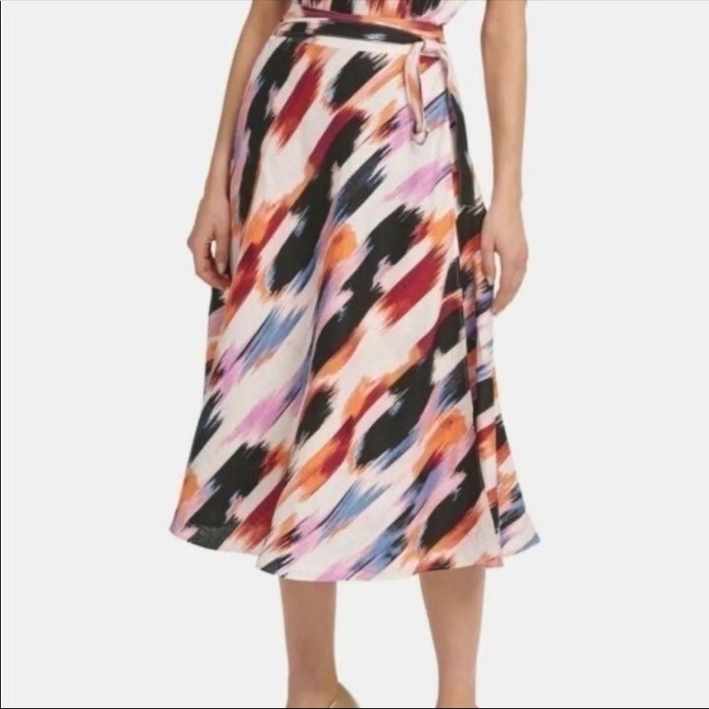 dkny printed tie waist faux wrap linen skirt